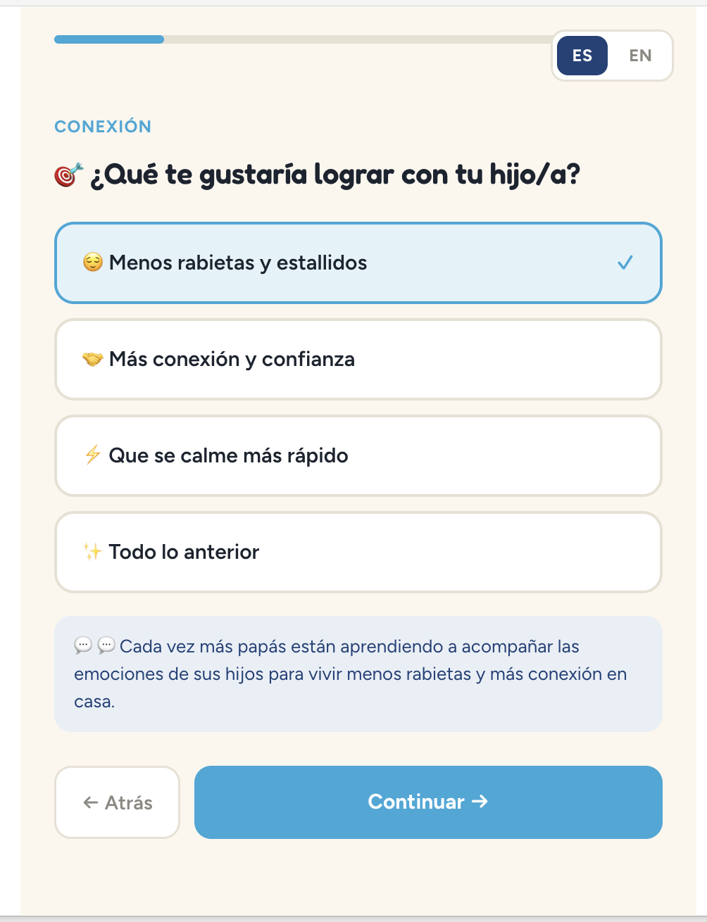GentleKid — quiz interactivo, pregunta sobre metas