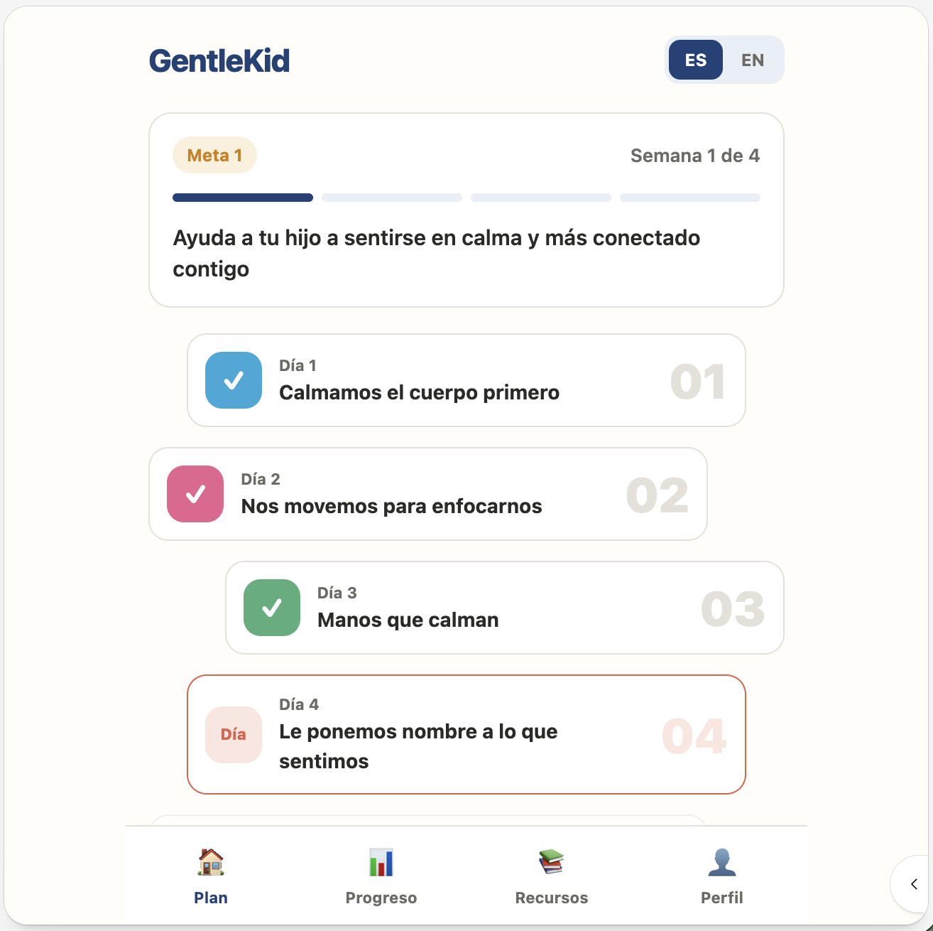 GentleKid — plan semanal con actividades día por día
