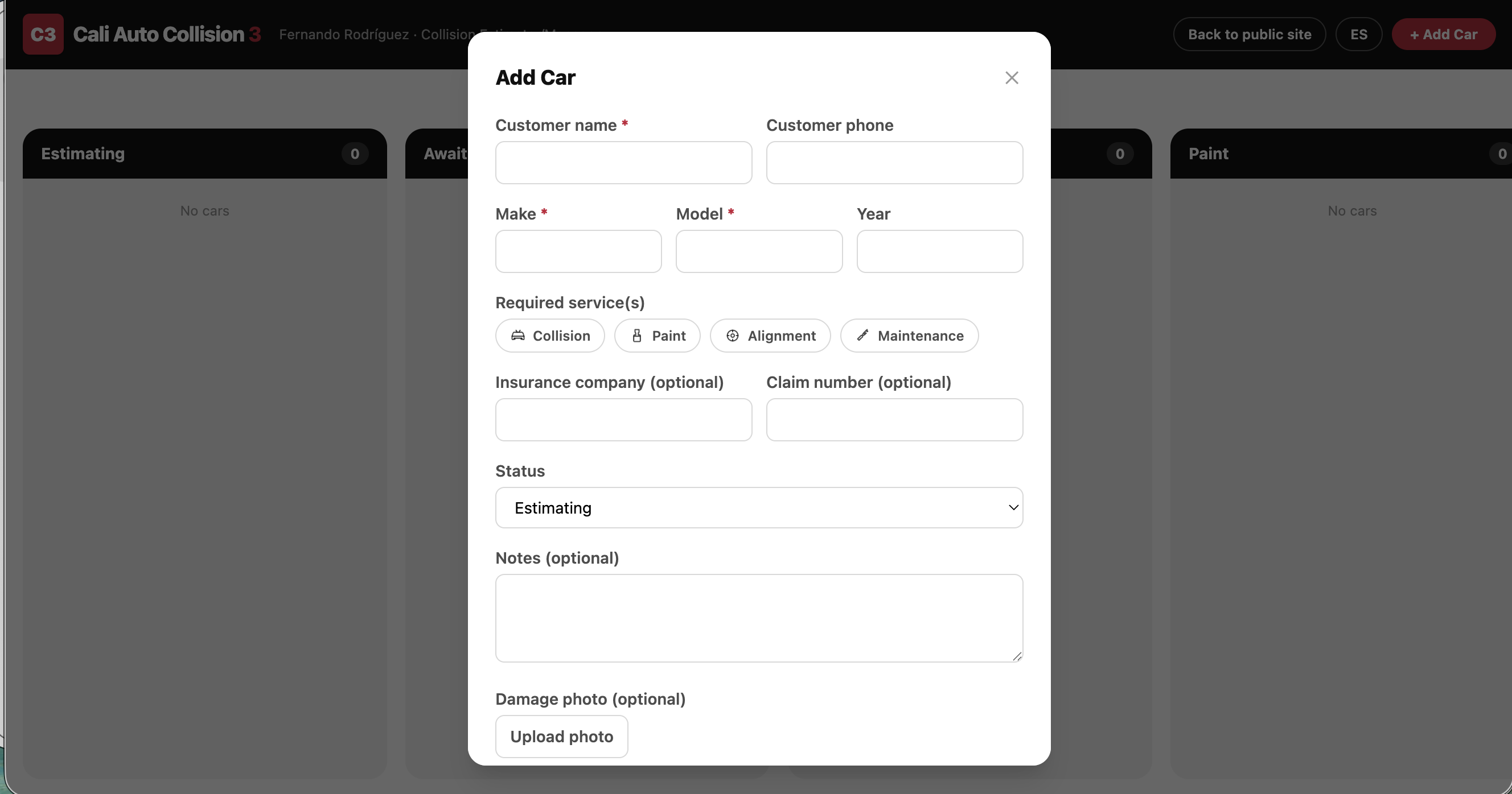 Cali Auto Collision 3 — formulario para agregar carro