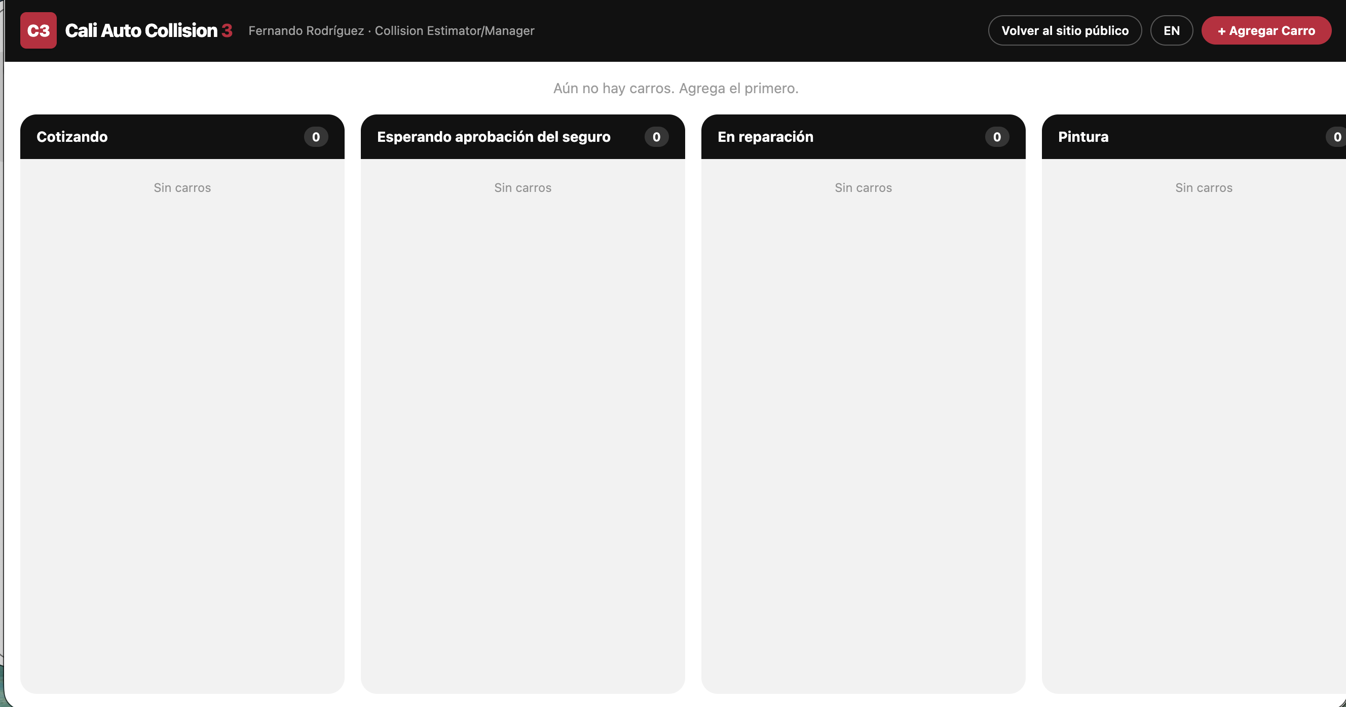 Cali Auto Collision 3 — panel kanban en inglés