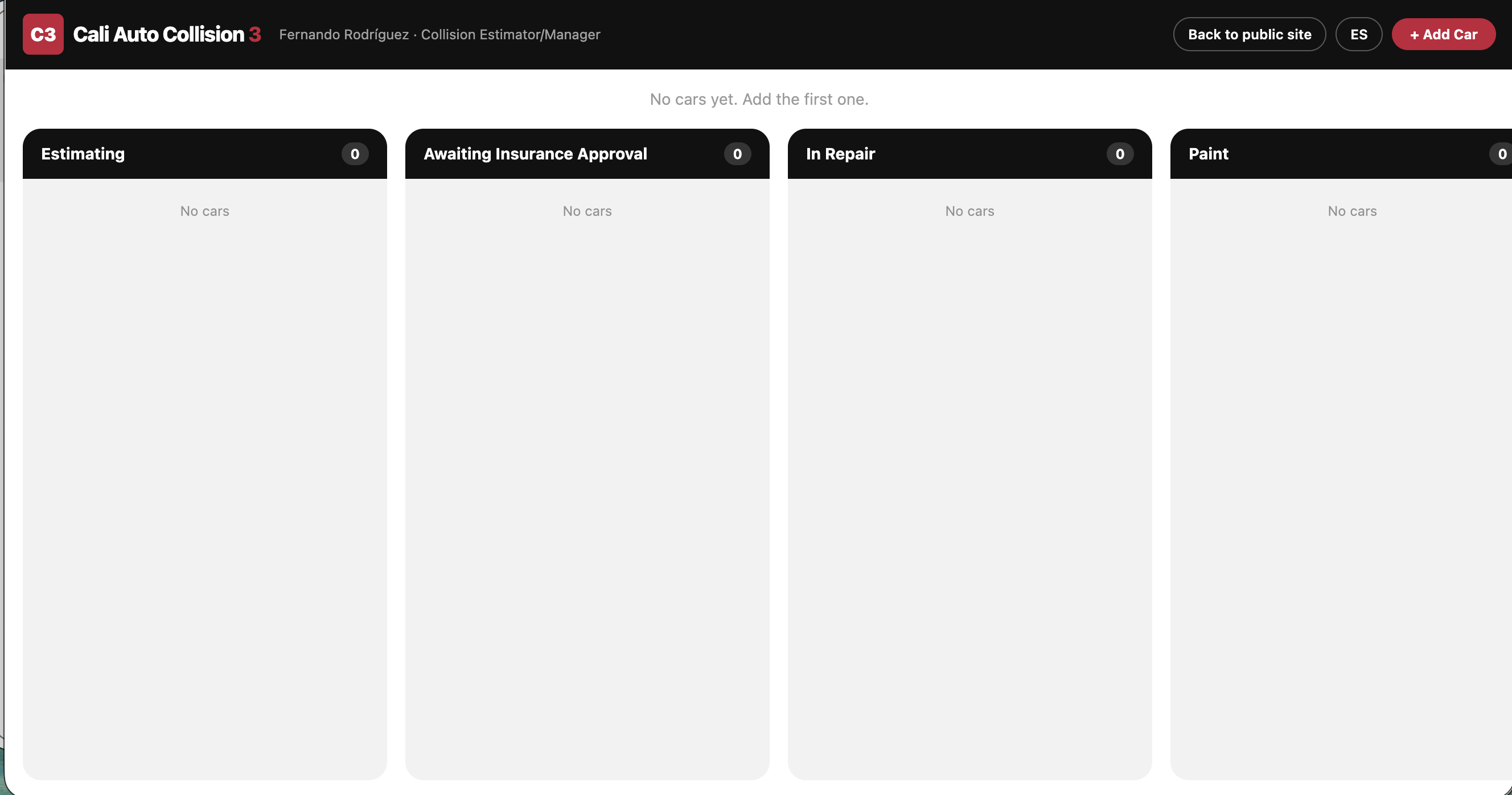Cali Auto Collision 3 — panel kanban interno
